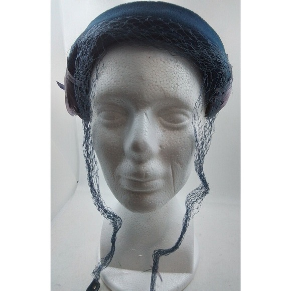 Vintage Teal Velvet Pillbox Hat with Feathers Bows and Birdcage Veil main image 6